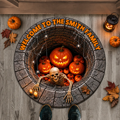 Welcome to the Haunted Pumpkin Well - Personalized Doormat, Halloween Skeleton Doormat, Glowing Jack-o'-Lantern Well Mat, Spooky Front Door Decor, Haunted House Halloween Mat