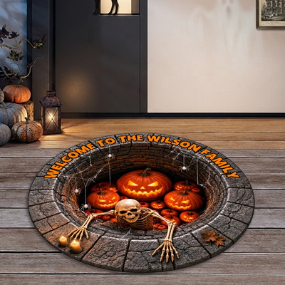 Welcome to the Haunted Pumpkin Well - Personalized Doormat, Halloween Skeleton Doormat, Glowing Jack-o'-Lantern Well Mat, Spooky Front Door Decor, Haunted House Halloween Mat