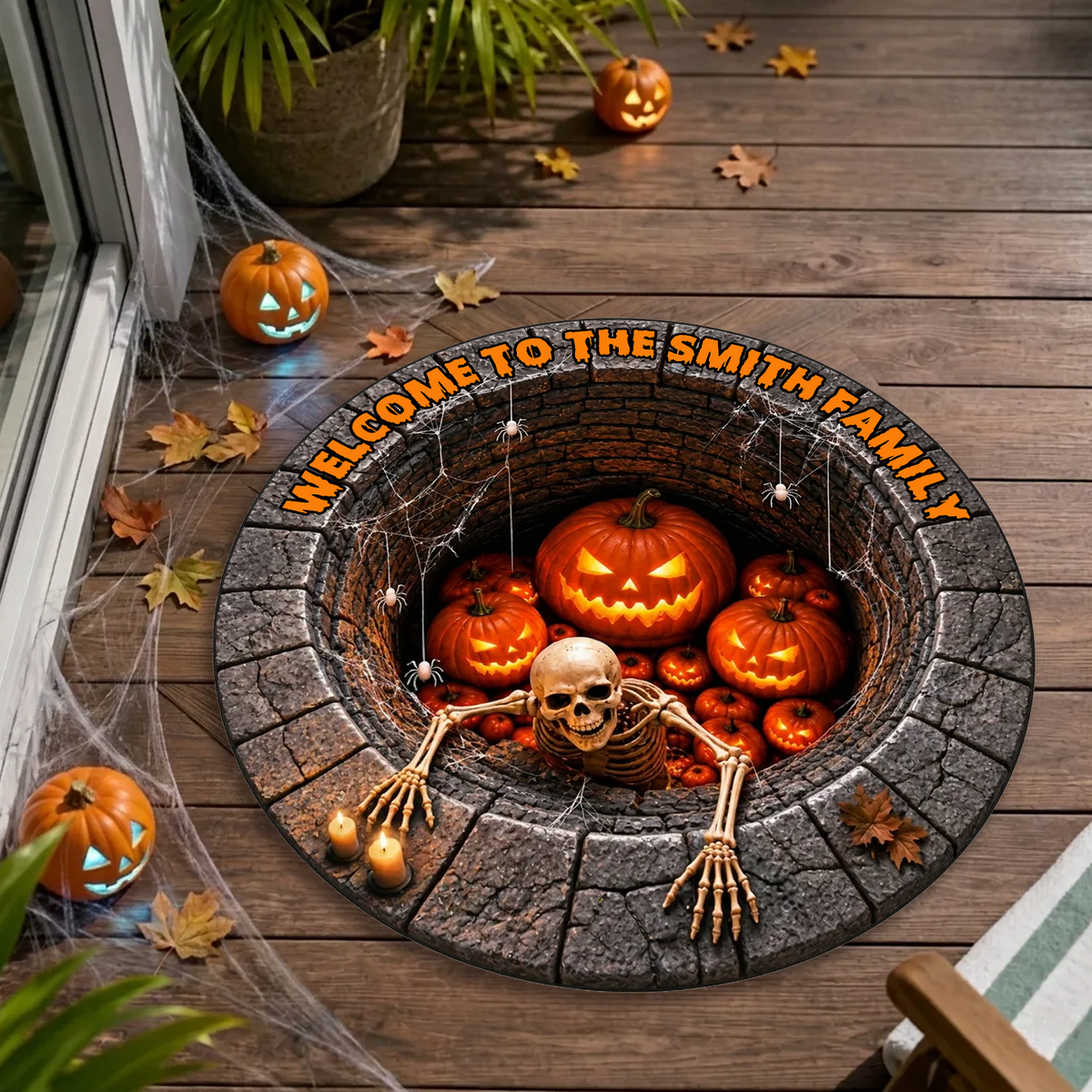 Welcome to the Haunted Pumpkin Well - Personalized Doormat, Halloween Skeleton Doormat, Glowing Jack-o'-Lantern Well Mat, Spooky Front Door Decor, Haunted House Halloween Mat