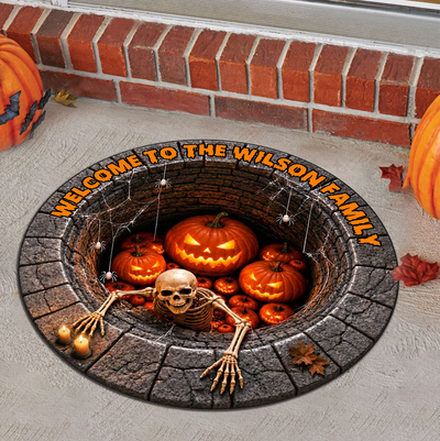 Welcome to the Haunted Pumpkin Well - Personalized Doormat, Halloween Skeleton Doormat, Glowing Jack-o'-Lantern Well Mat, Spooky Front Door Decor, Haunted House Halloween Mat
