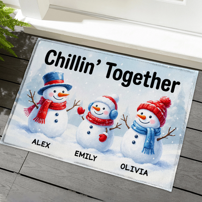 Chillin’ Together - Personalized Doormat, Custom Snowman Family Christmas Welcome Mat, Winter Entryway Decor, Holiday Family Gift