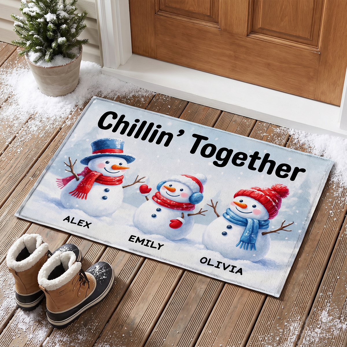 Chillin’ Together - Personalized Doormat, Custom Snowman Family Christmas Welcome Mat, Winter Entryway Decor, Holiday Family Gift