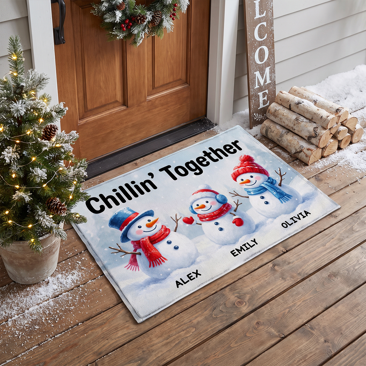 Chillin’ Together - Personalized Doormat, Custom Snowman Family Christmas Welcome Mat, Winter Entryway Decor, Holiday Family Gift