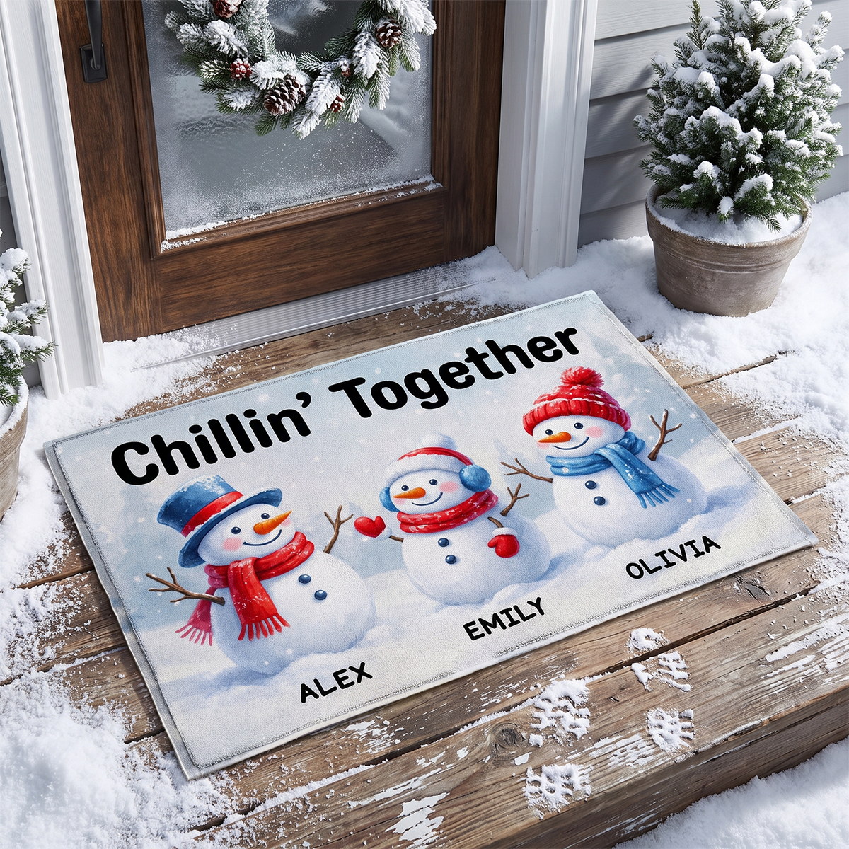Chillin’ Together - Personalized Doormat, Custom Snowman Family Christmas Welcome Mat, Winter Entryway Decor, Holiday Family Gift