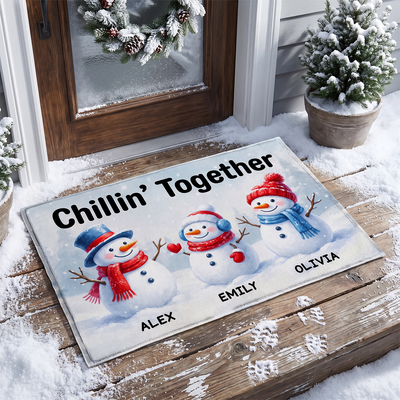 Chillin’ Together - Personalized Doormat, Custom Snowman Family Christmas Welcome Mat, Winter Entryway Decor, Holiday Family Gift
