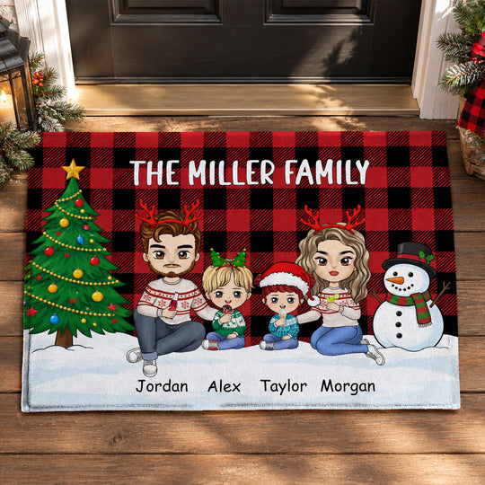 Christmas Is Better with Our Favorite Crew - Personalized Doormat, Christmas Sweater Welcome Mat, Buffalo Plaid Holiday Doormat
