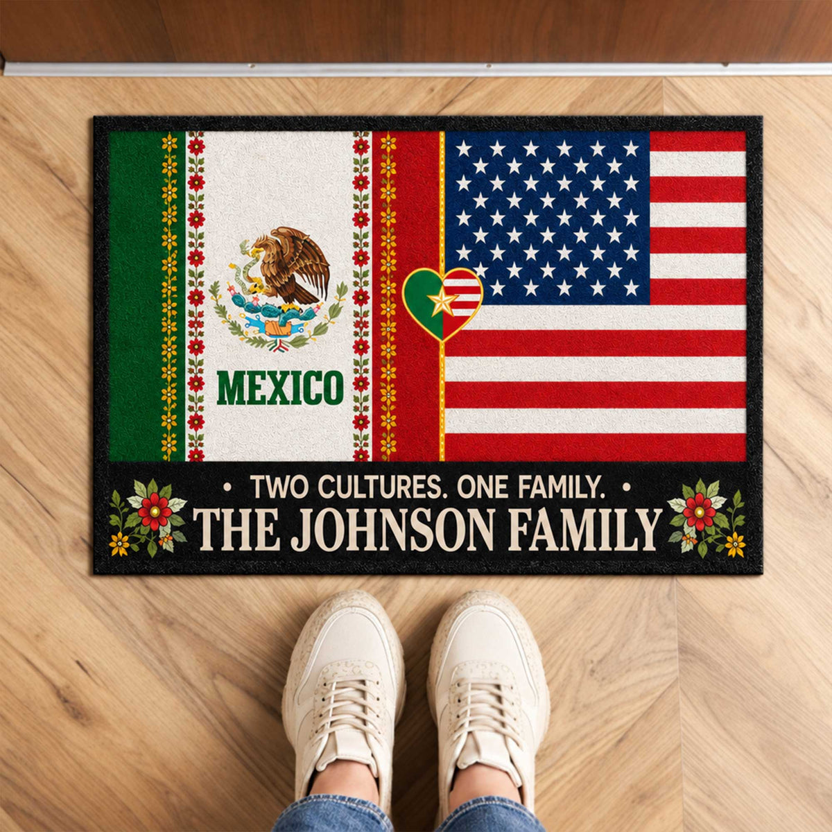 Two Cultures One Family - Personalized Doormat, Mexico USA Family , Culture Home Decor