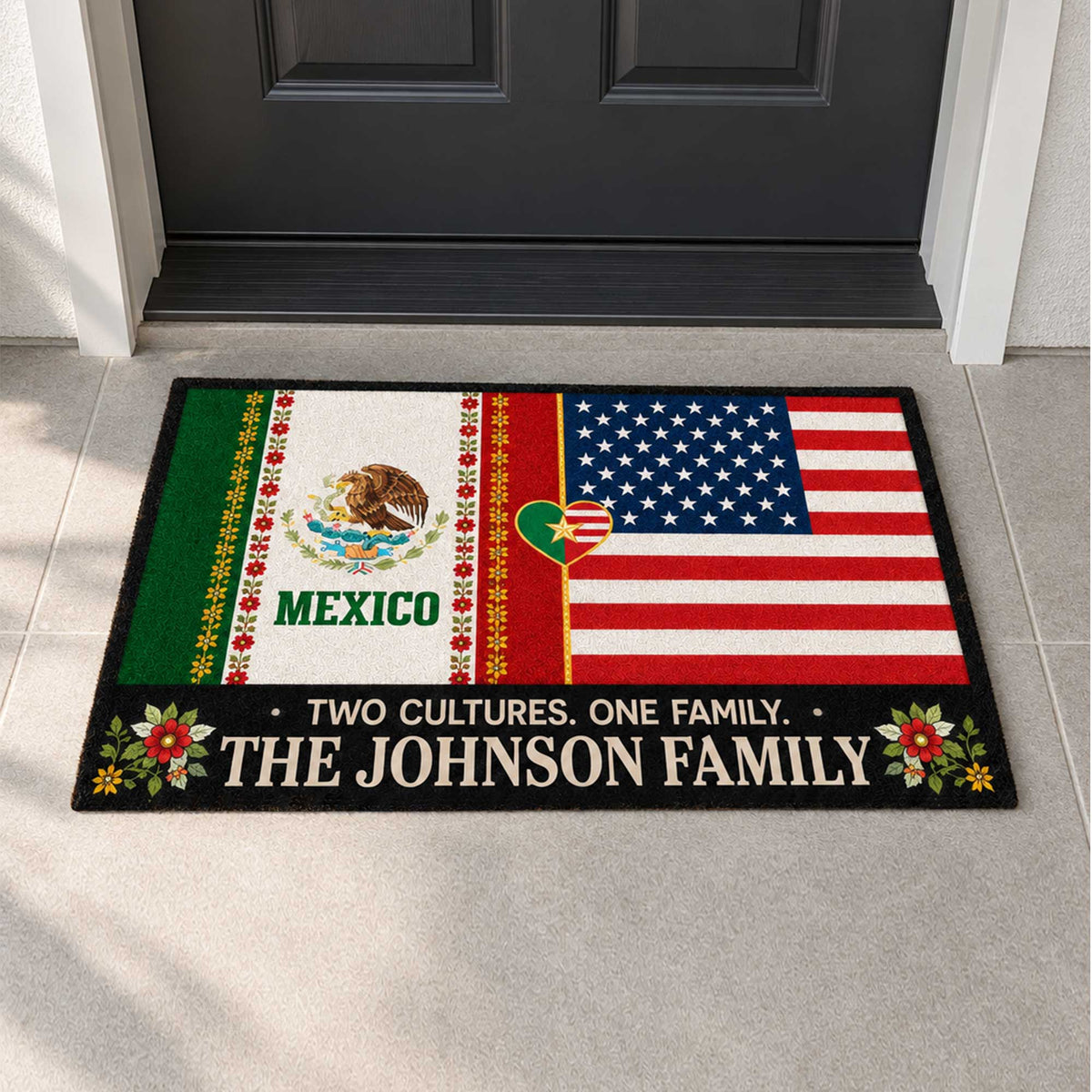 Two Cultures One Family - Personalized Doormat, Mexico USA Family , Culture Home Decor