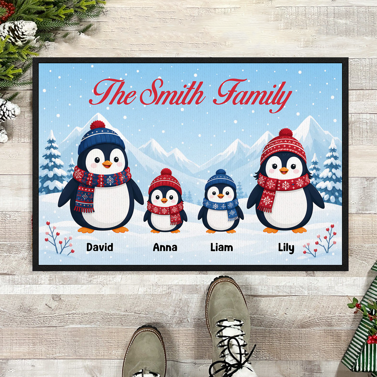 Together Is Our Favorite Place to Be - Personalized Doormat, Penguin Family Door Mat, Christmas Porch Mat, Family Holiday Gift