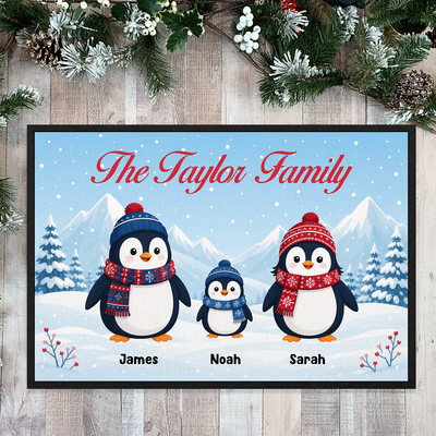 Together Is Our Favorite Place to Be - Personalized Doormat, Penguin Family Door Mat, Christmas Porch Mat, Family Holiday Gift