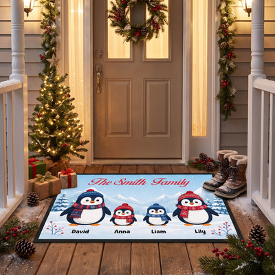 Together Is Our Favorite Place to Be - Personalized Doormat, Penguin Family Door Mat, Christmas Porch Mat, Family Holiday Gift