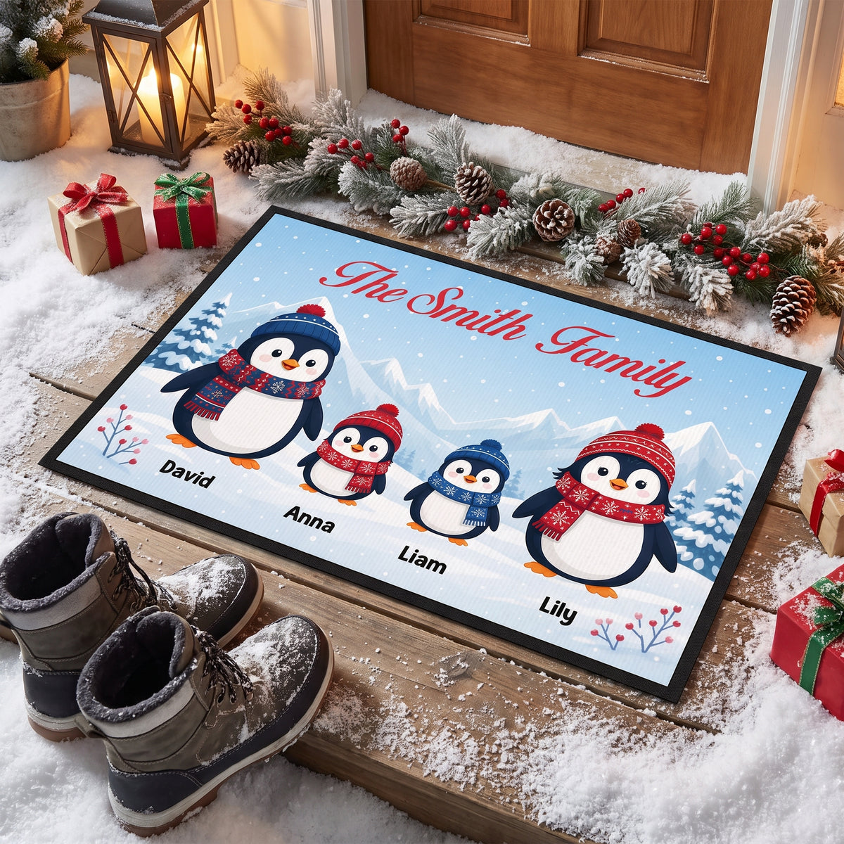 Together Is Our Favorite Place to Be - Personalized Doormat, Penguin Family Door Mat, Christmas Porch Mat, Family Holiday Gift