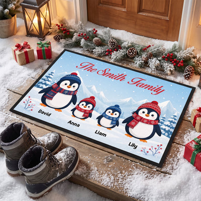 Together Is Our Favorite Place to Be - Personalized Doormat, Penguin Family Door Mat, Christmas Porch Mat, Family Holiday Gift
