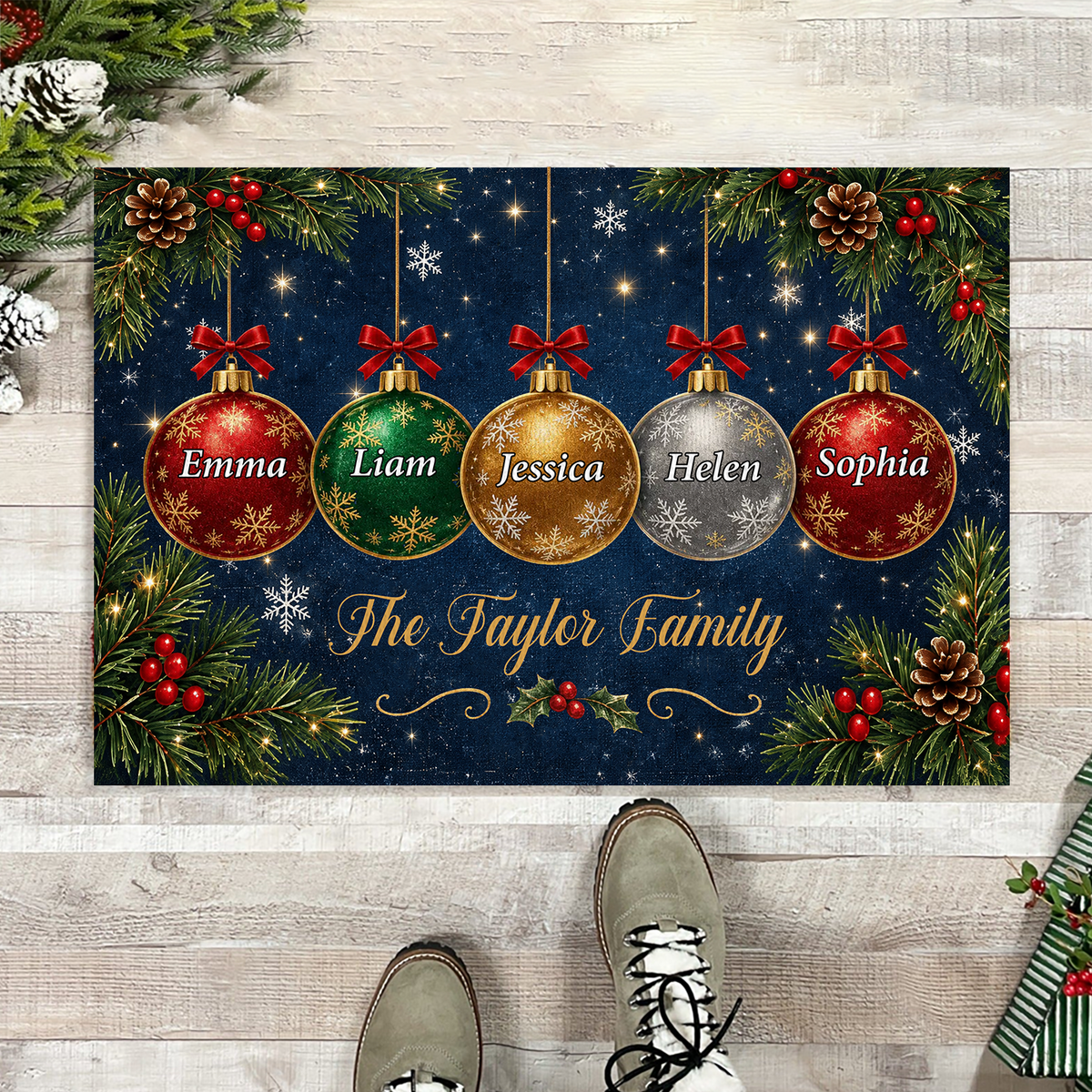 Christmas Ornaments Interlocking Family - Personalized Doormat, Custom Family Name Christmas Doormat