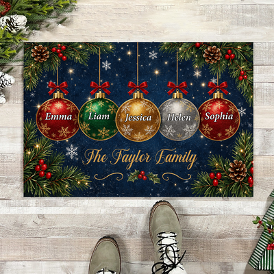 Christmas Ornaments Interlocking Family - Personalized Doormat, Custom Family Name Christmas Doormat