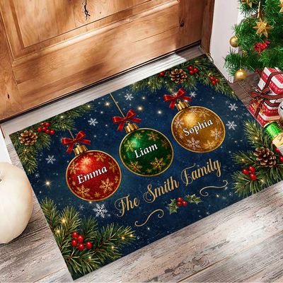 Christmas Ornaments Interlocking Family - Personalized Doormat, Custom Family Name Christmas Doormat