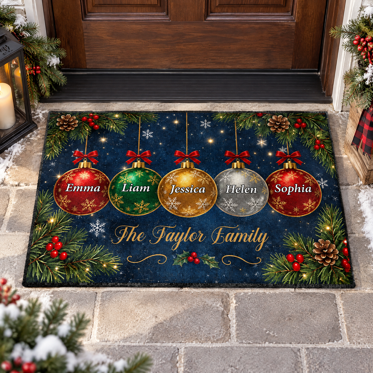 Christmas Ornaments Interlocking Family - Personalized Doormat, Custom Family Name Christmas Doormat