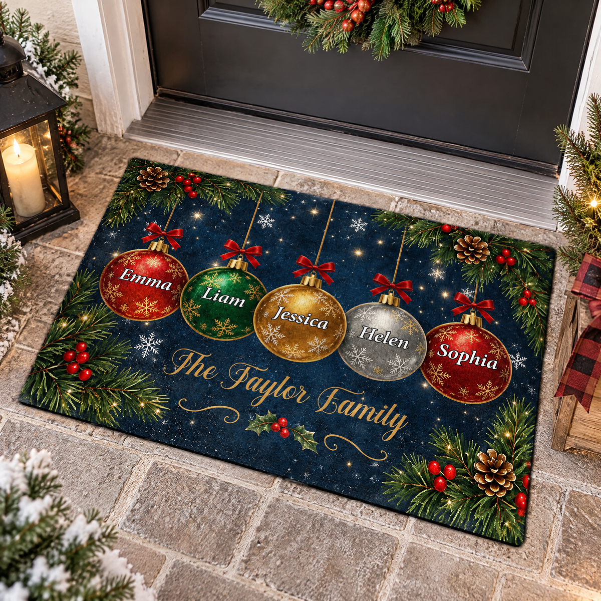 Christmas Ornaments Interlocking Family - Personalized Doormat, Custom Family Name Christmas Doormat