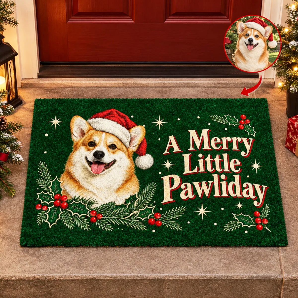 Personalized Custom Dog Photo Doormat on a stone step in front of a red door with lantern and gift