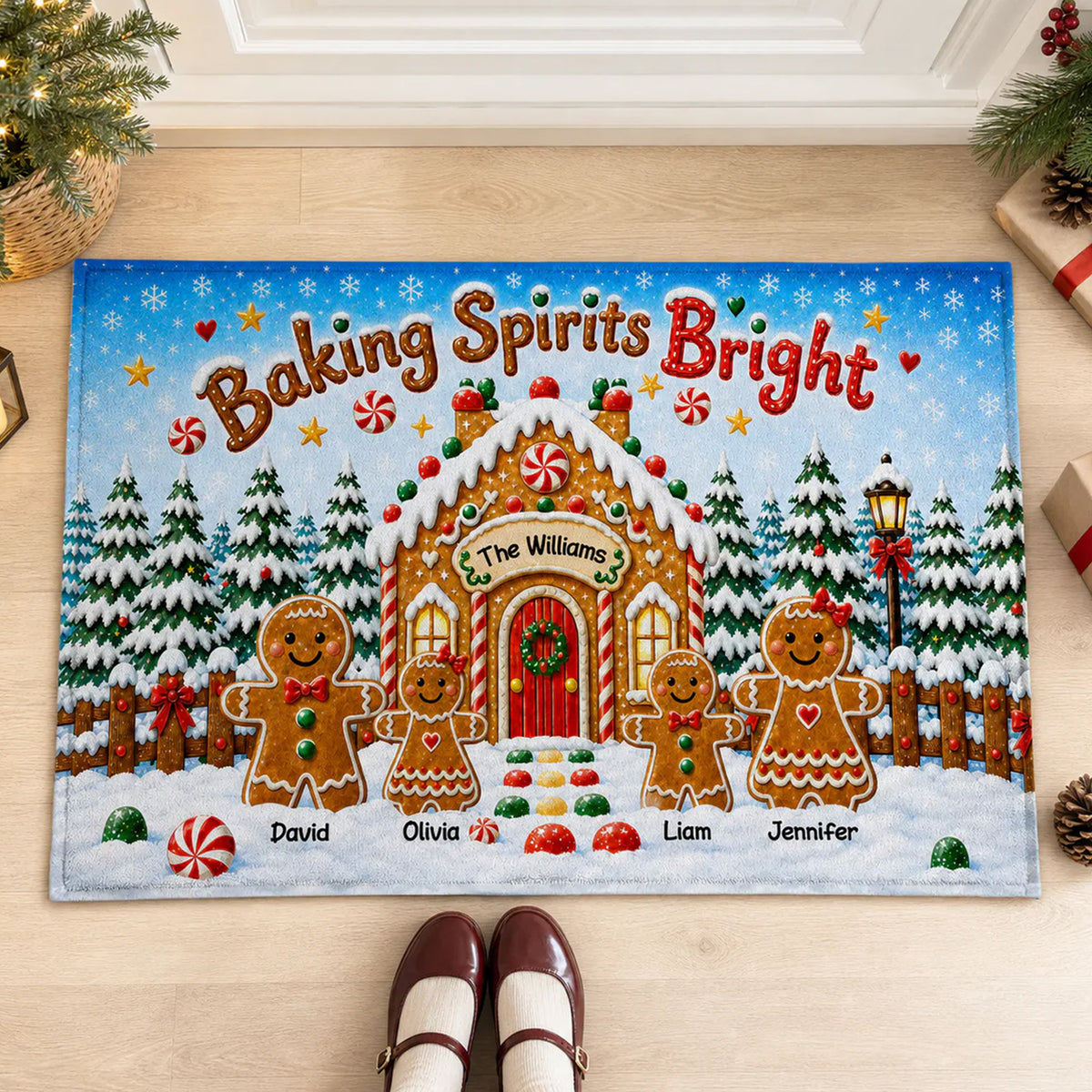Gingerbread Family Baking Scene - Personalized Doormat For This Christmas