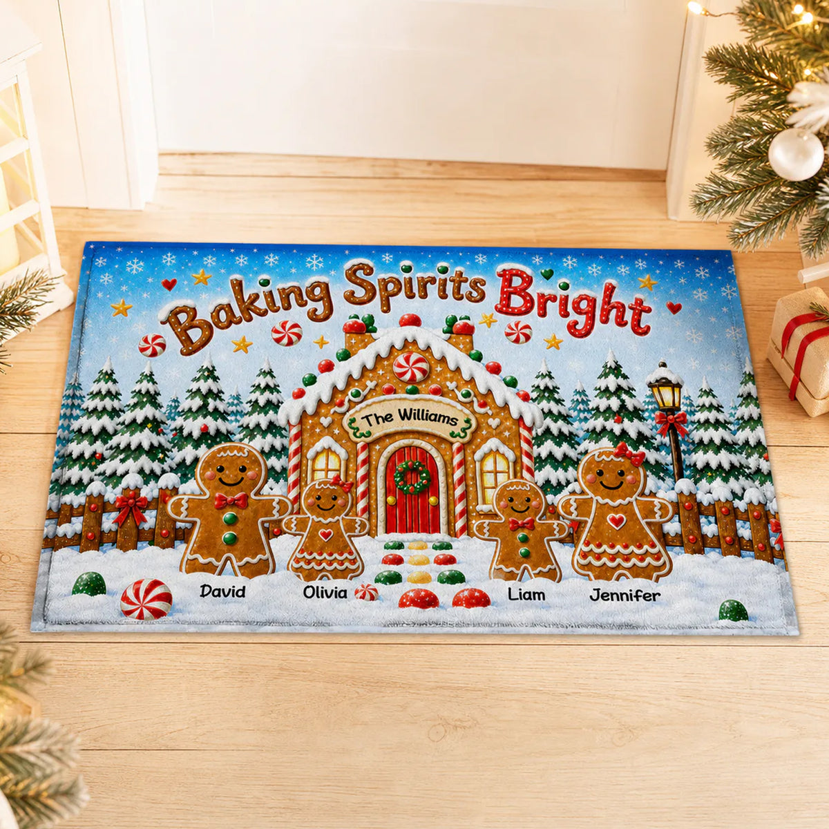 Gingerbread Family Baking Scene - Personalized Doormat For This Christmas