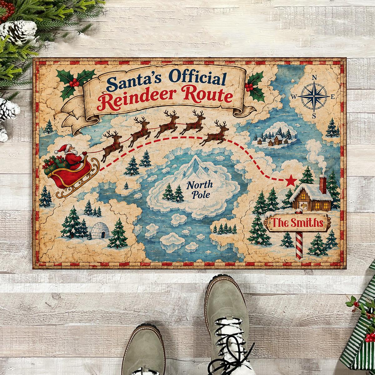 Santa's Official Reindeer Route - Personalized Doormat, Family Christmas Gift, Christmas Home Decor