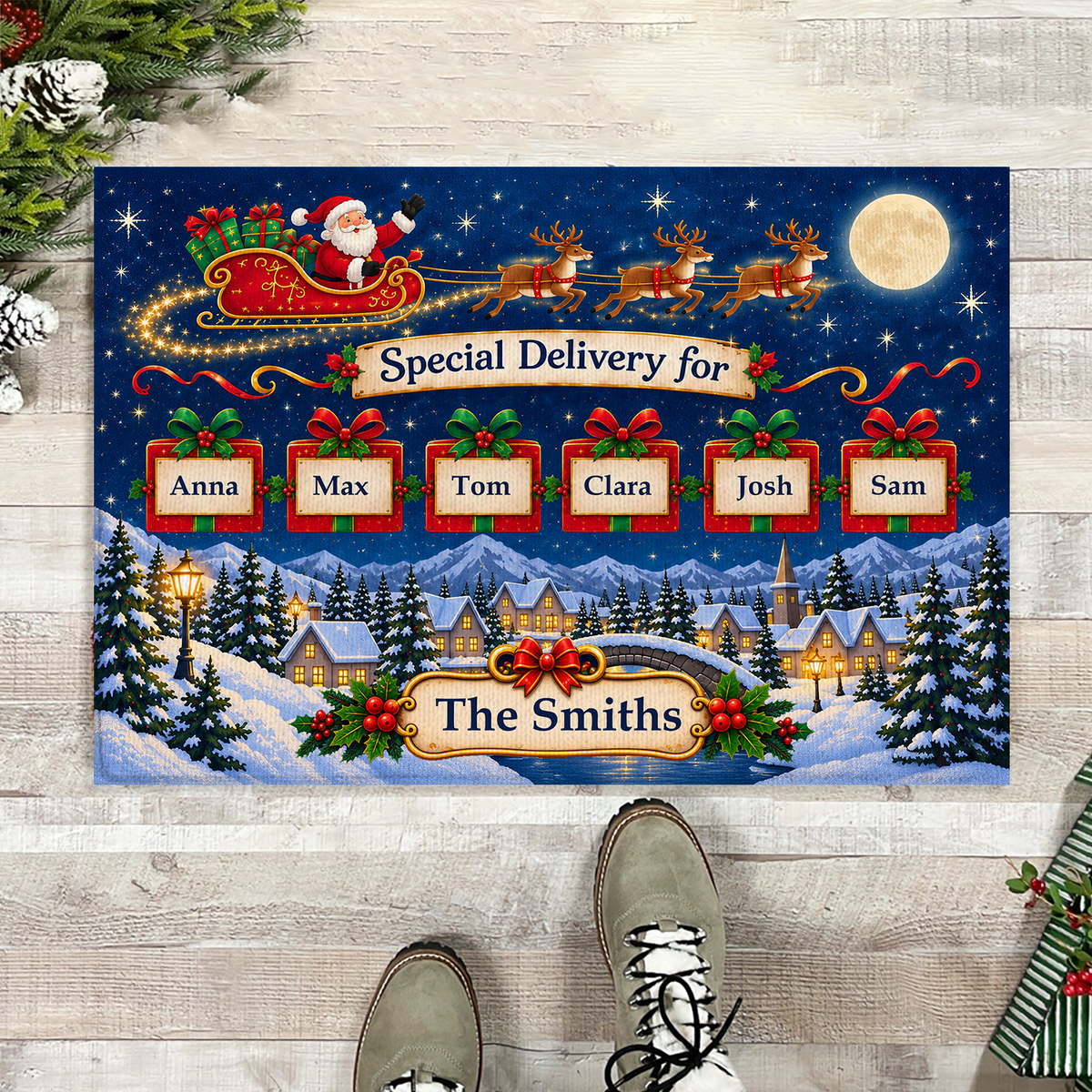 Santa's Sleigh Delivery - Personalized Doormat, Christmas Home Decor, Santa's Sleigh Doormat