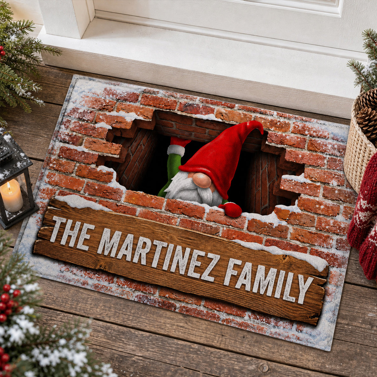 Personalized Family Name Border Gnome For The Holidays Doormat