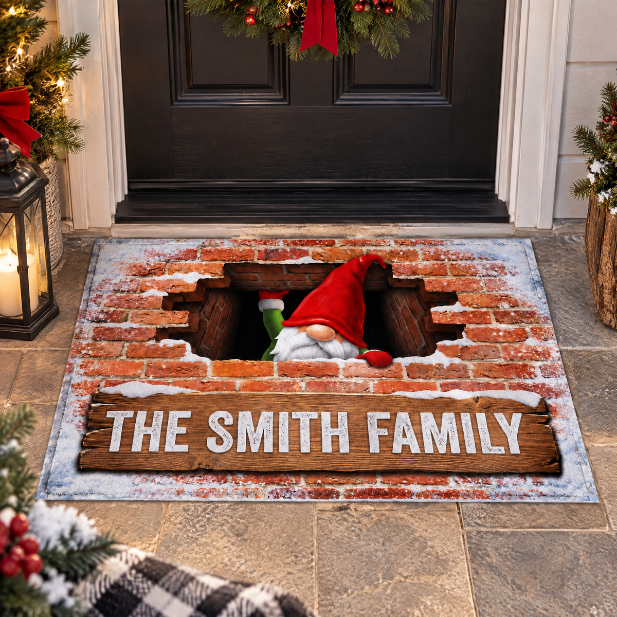 Personalized Family Name Border Gnome For The Holidays Doormat