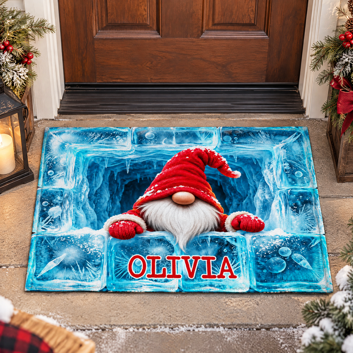 Ice Block  Winter Gnome - Personalized Doormat, Christmas Home Decor