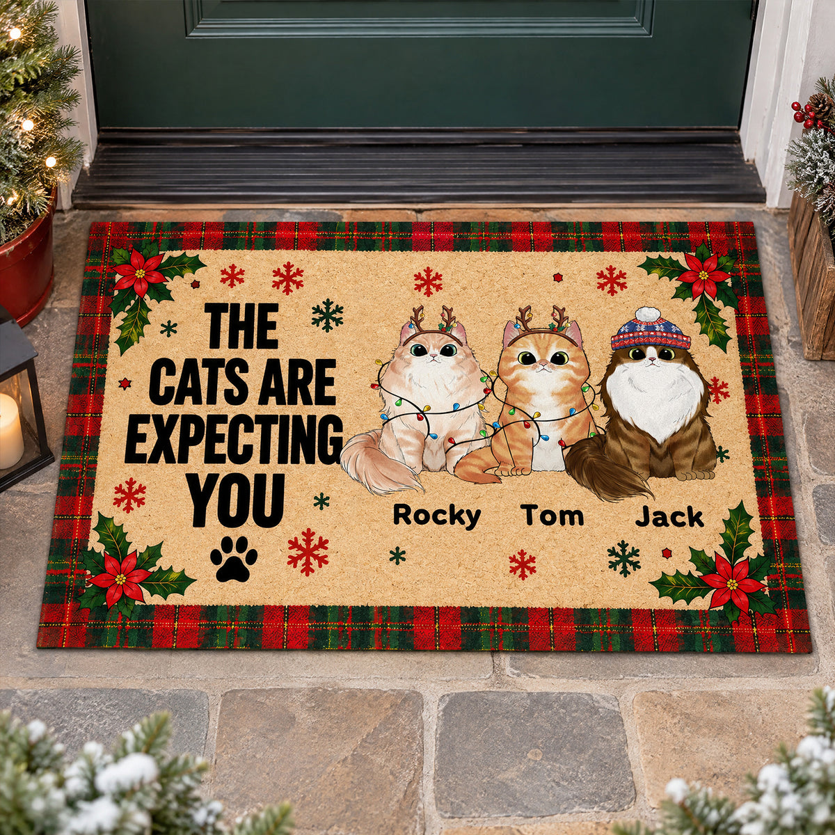 Personalized cat doormat with three cats and names, plaid holiday border, at a green front door