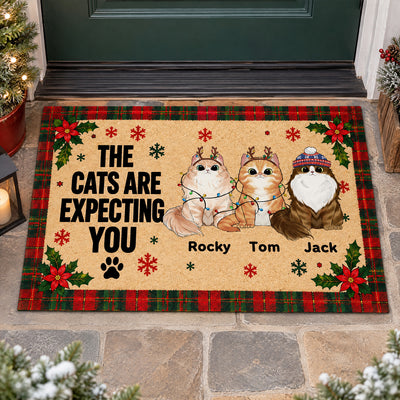 Personalized cat doormat with three cats and names, plaid holiday border, at a green front door