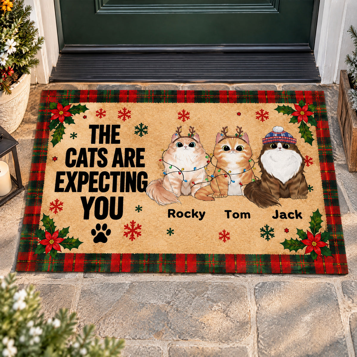 Personalized cat doormat with three cats and holly flowers on a stone entryway near a green door