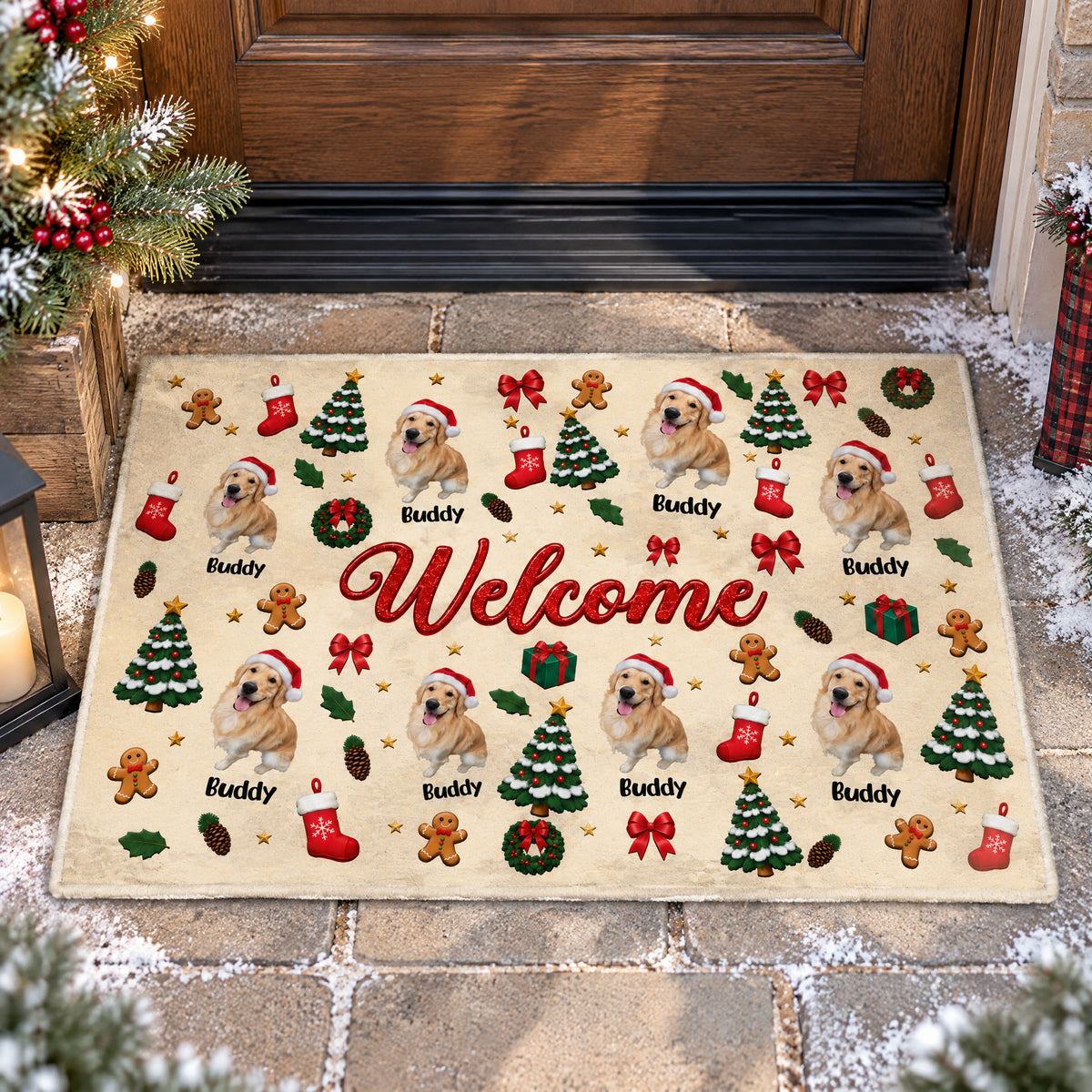 Welcome to Our Pawliday Home - Personalized Doormat, Custom Pet Christmas Doormat, Christmas Decor