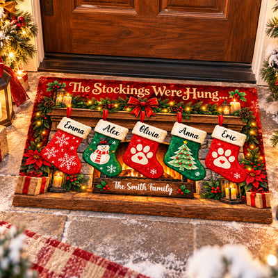 Family Christmas Stockings - Personalized Doormat, Custom Name Christmas Doormat, Christmas Home Decor