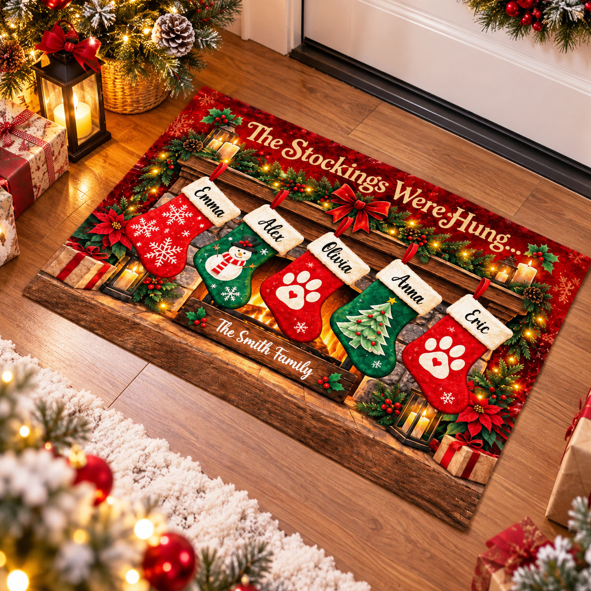 Family Christmas Stockings - Personalized Doormat, Custom Name Christmas Doormat, Christmas Home Decor