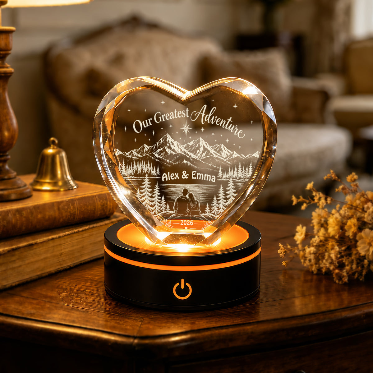 Our Greatest Adventure-  Personalized Engraved Heart Crystal, Custom Anniversary Heart Crystal Light, Mountain Adventure Couple Keepsake