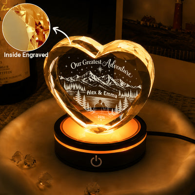 Our Greatest Adventure-  Personalized Engraved Heart Crystal, Custom Anniversary Heart Crystal Light, Mountain Adventure Couple Keepsake