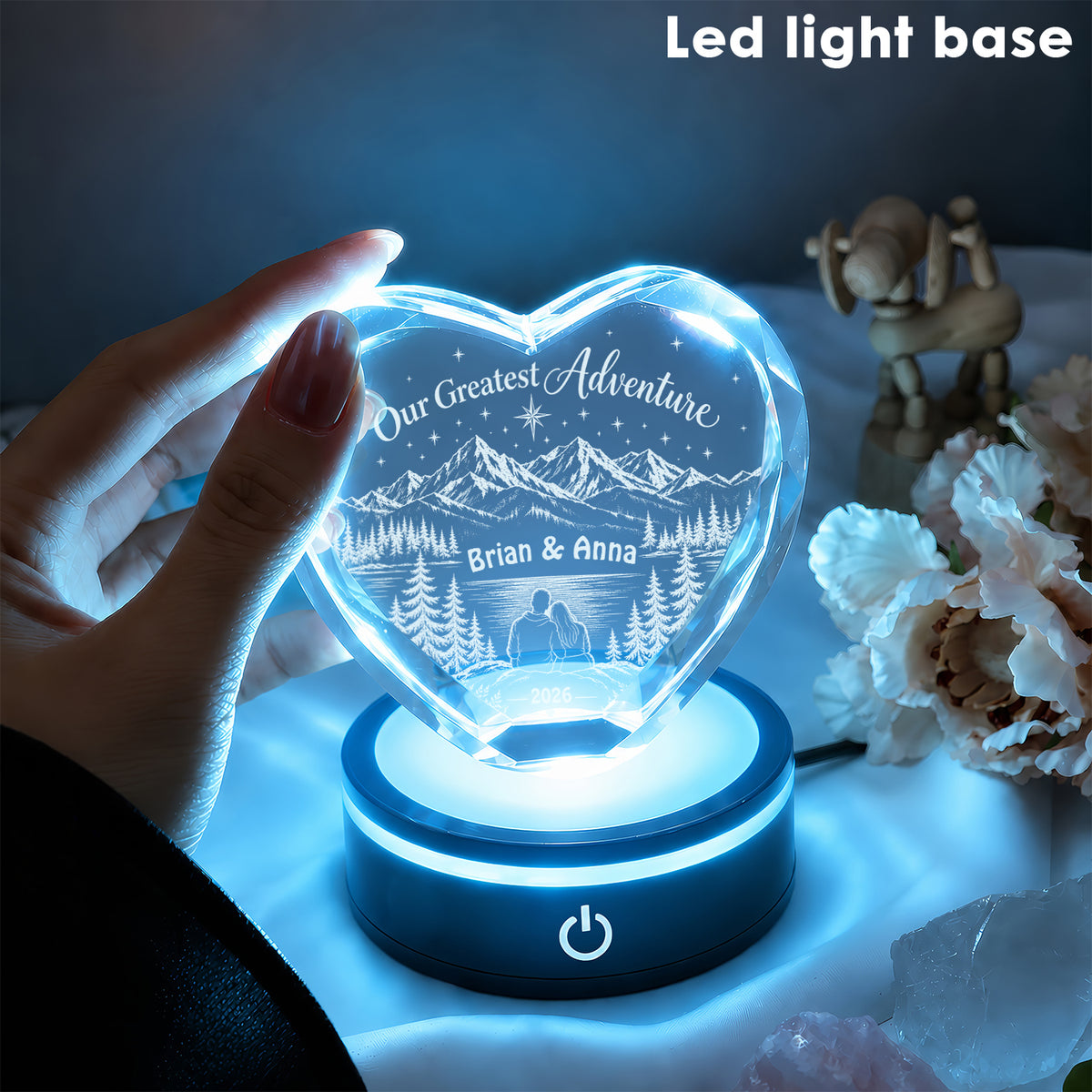 Our Greatest Adventure-  Personalized Engraved Heart Crystal, Custom Anniversary Heart Crystal Light, Mountain Adventure Couple Keepsake