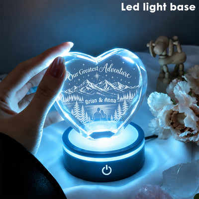 Our Greatest Adventure-  Personalized Engraved Heart Crystal, Custom Anniversary Heart Crystal Light, Mountain Adventure Couple Keepsake