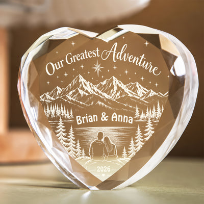 Our Greatest Adventure-  Personalized Engraved Heart Crystal, Custom Anniversary Heart Crystal Light, Mountain Adventure Couple Keepsake