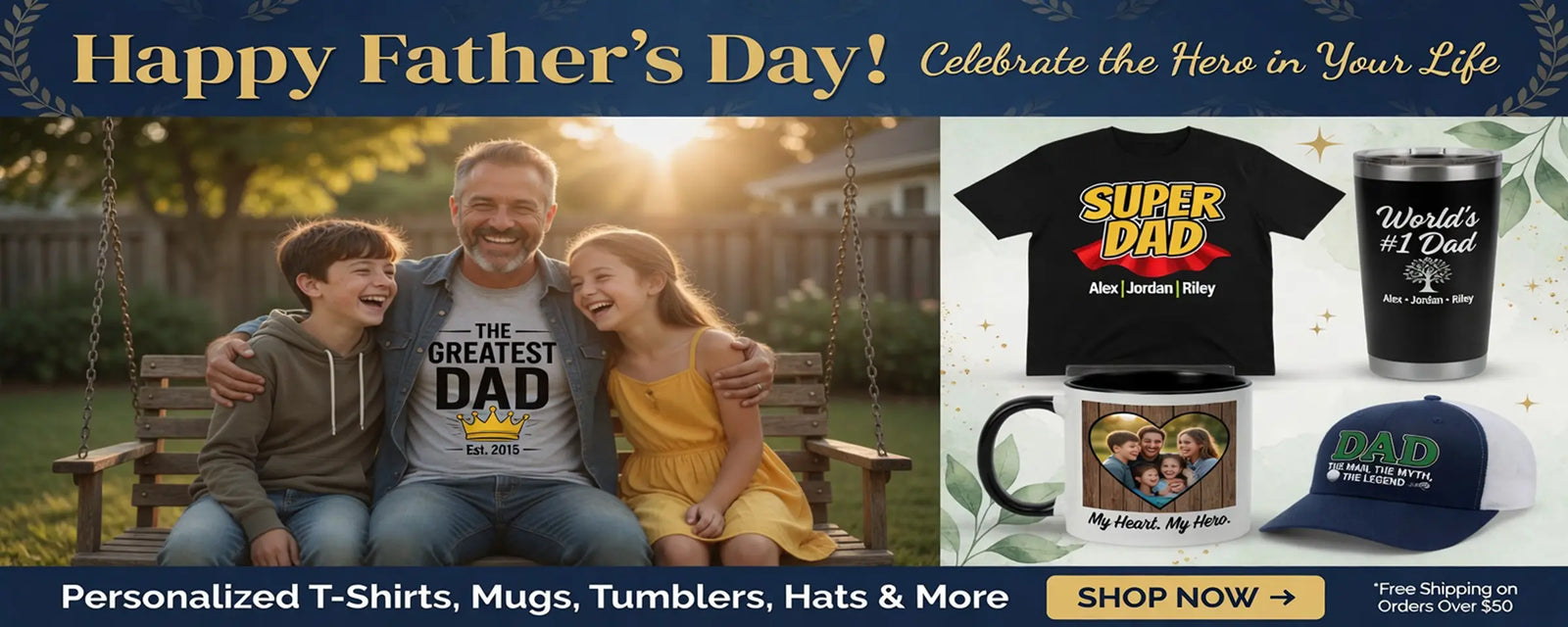 Father's Day promotional banner with family photo, merchandise, and text.