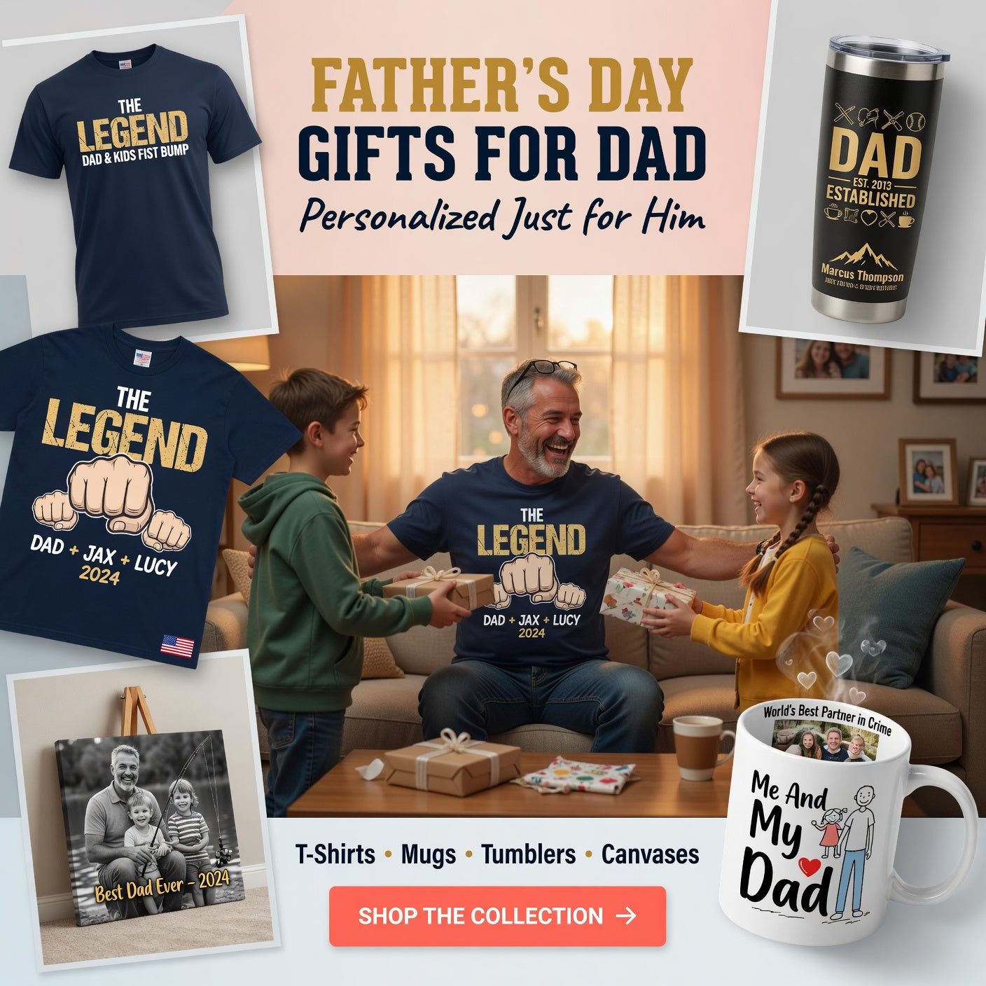 Father's Day gift collection with t-shirts, mugs, tumblers, and canvases featuring personalized designs.