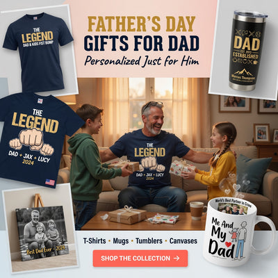Father's Day gift collection with t-shirts, mugs, tumblers, and canvases featuring personalized designs.