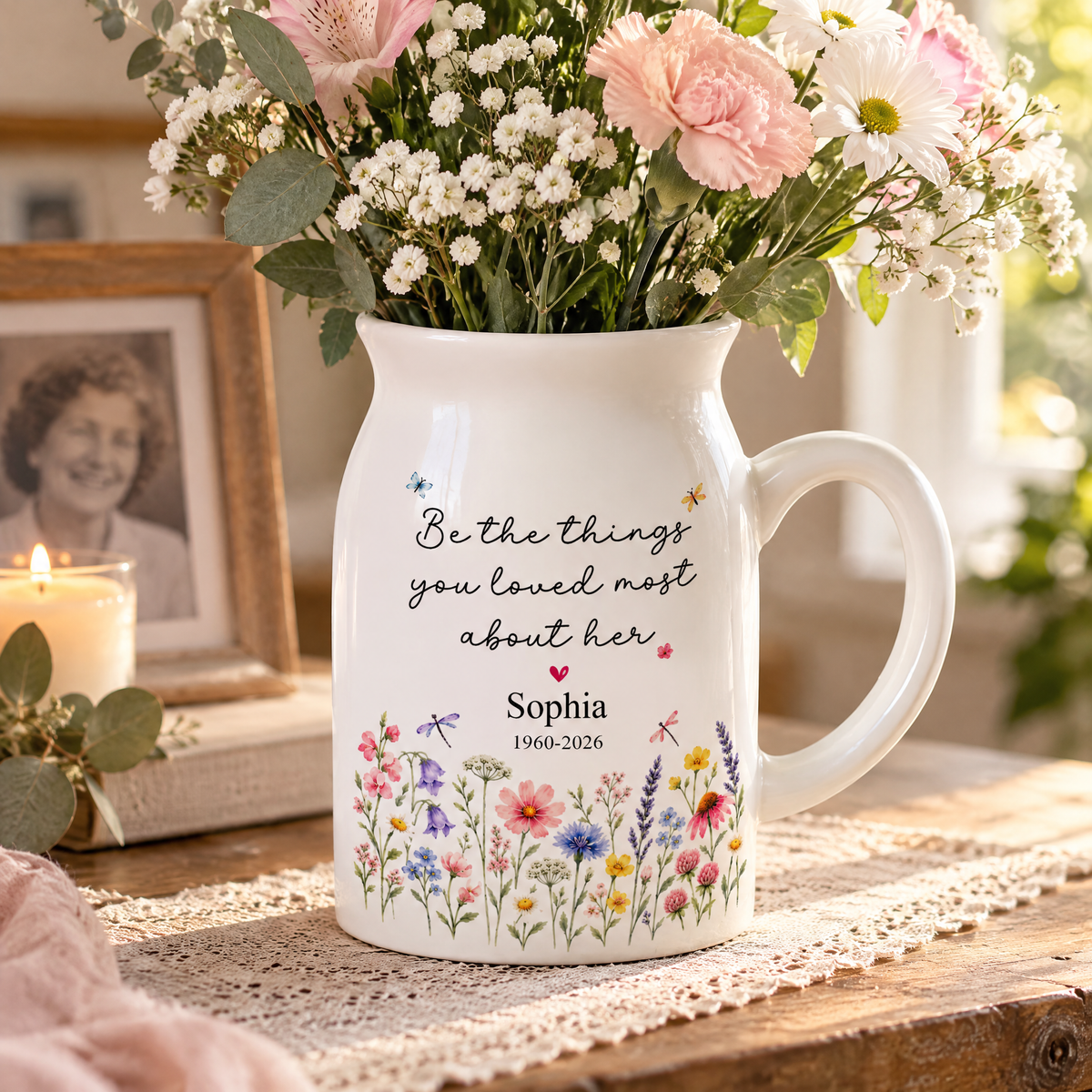 Carry Her Love With You - Personalized Flower Vase, Custom Name And Years Memorial Flower Vase, Sympathy Gift