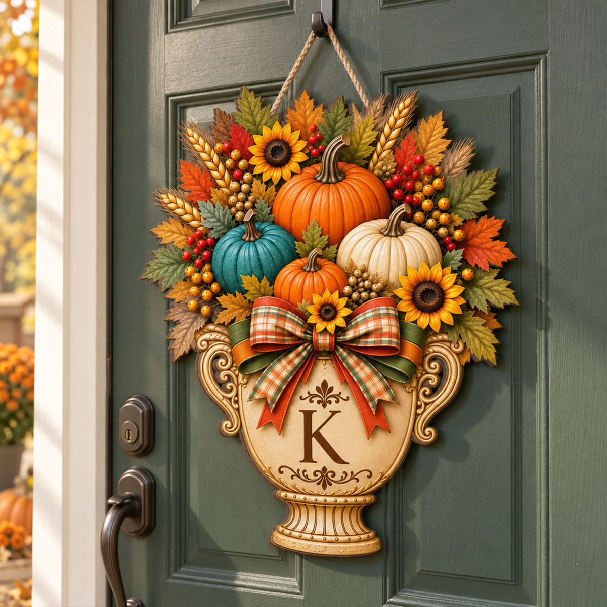 Home Feels Warmer In The Fall – Personalized Garden Flag, Pumpkin Door Hanger, Custom Family Initial Autumn Decor