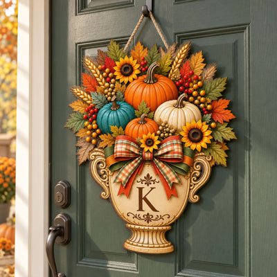 Home Feels Warmer In The Fall – Personalized Garden Flag, Pumpkin Door Hanger, Custom Family Initial Autumn Decor