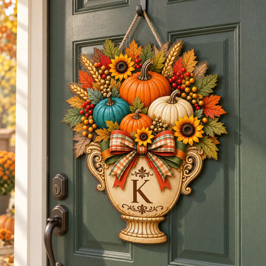 Home Feels Warmer In The Fall – Personalized Garden Flag, Pumpkin Door Hanger, Custom Family Initial Autumn Decor