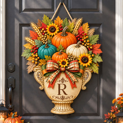 Home Feels Warmer In The Fall – Personalized Garden Flag, Pumpkin Door Hanger, Custom Family Initial Autumn Decor