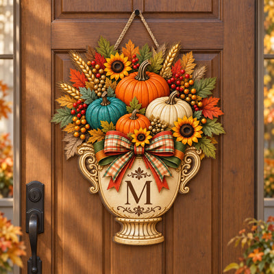 Home Feels Warmer In The Fall – Personalized Garden Flag, Pumpkin Door Hanger, Custom Family Initial Autumn Decor